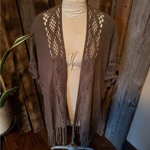 Olive Green Open Knit Fringe Shawl